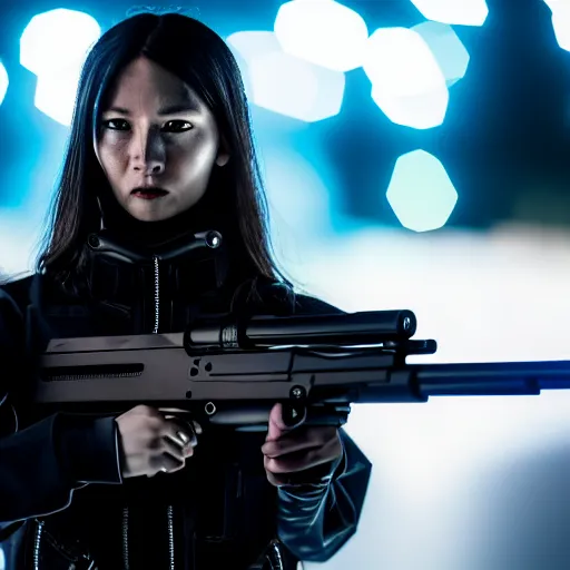 Image similar to photographic portrait of a techwear woman holding a shotgun, holding shotgun down, closeup, on the rooftop of a futuristic city at night, sigma 85mm f/1.4, 4k, depth of field, high resolution, full color, award winning photography, inspired by Kill Bill, inspired by John Wick, inspired by Die Hard, movies with guns, movie firearms