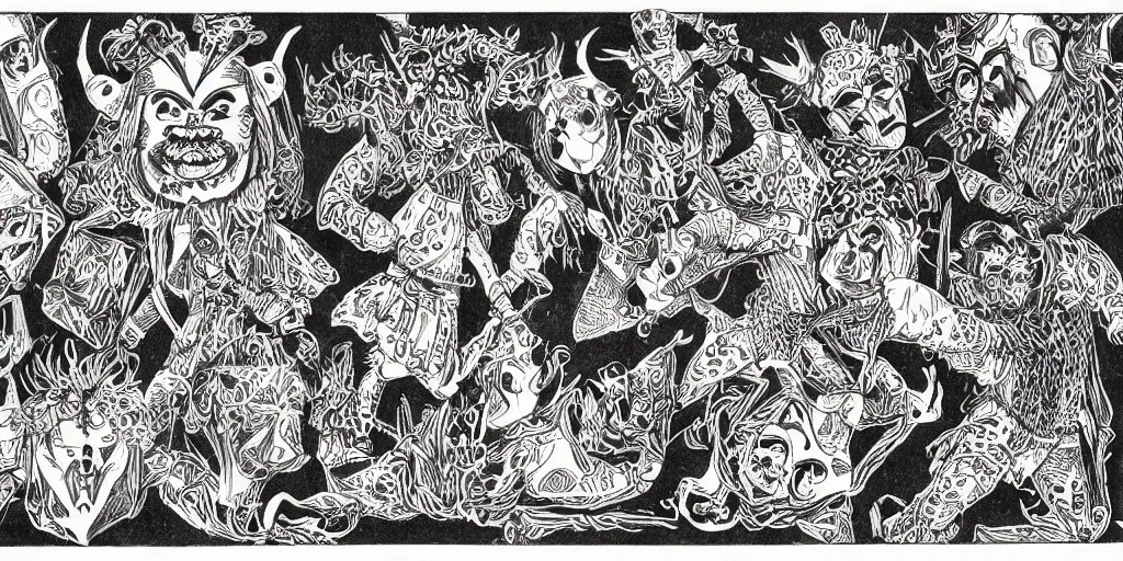 Image similar to scan of book with intricate geometrical and patterned ink drawings of tyrolean folklore masks, krampus, folklore, dance, dolomites, scary dark, dark ink, old paper