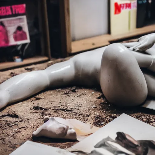 Prompt: wet paper and magazines next to a lumpy broken mannequin, dirt, 4k, found footage