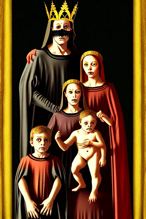 Prompt: renaissance style creepy family, wearing a crown and a cape, dark background, by richard corben