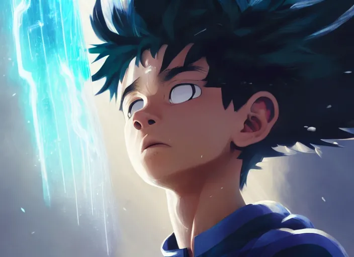 Image similar to highly detailed portrait of a boy with thunder powers, in my hero academia, stephen bliss, 8 k, unreal engine, fantasy art by greg rutkowski, loish, rhads, ferdinand knab, makoto shinkai and lois van baarle, ilya kuvshinov, rossdraws, tom bagshaw, global illumination, radiant light, detailed and intricate environment