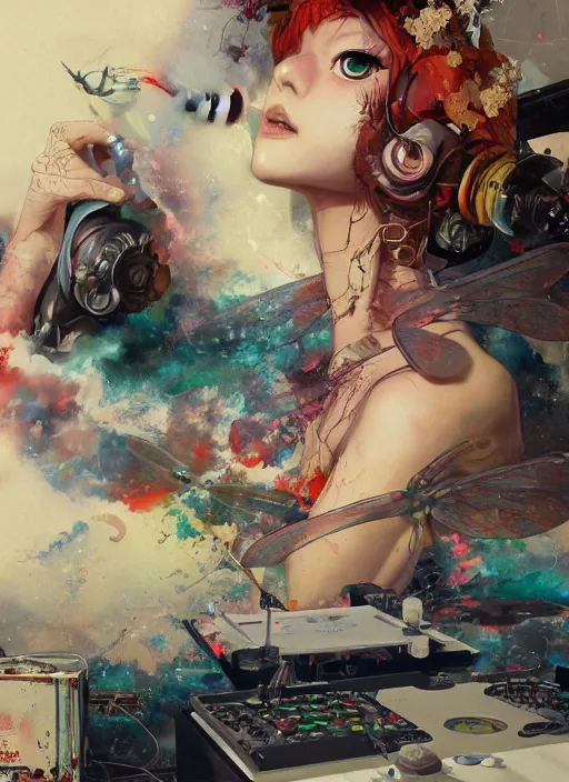 Prompt: surreal gouache painting, by yoshitaka amano, by ruan jia, by Conrad roset, by good smile company, detailed anime 3d render of a magical Dragonfly flying on a DJ Mixer, Vinyl deck, controller , portrait, cgsociety, artstation, rococo mechanical and Digtanl and electronic, dieselpunk atmosphere