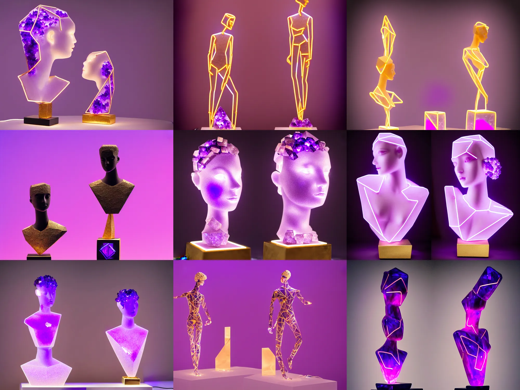 Prompt: beautiful mannequin sculpted out of amethyst by billelis + lit with geometric neon + kintsugi, facing a doorway opening with neon pink geometric light + gold geometric cubed bonsai plants!!!, clean linework, dramatic, finely detailed, rule of thirds, moody, award winning, 4 k, trending on artstation, photorealistic, volumetric lighting, octane render