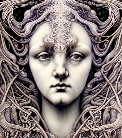 Image similar to detailed realistic porcelain beautiful moon goddess face portrait by jean delville, gustave dore, iris van herpen and marco mazzoni, art forms of nature by ernst haeckel, art nouveau, symbolist, visionary, gothic, neo - gothic, pre - raphaelite, fractal lace, intricate alien botanicals, ai biodiversity, surreality, hyperdetailed ultrasharp octane render