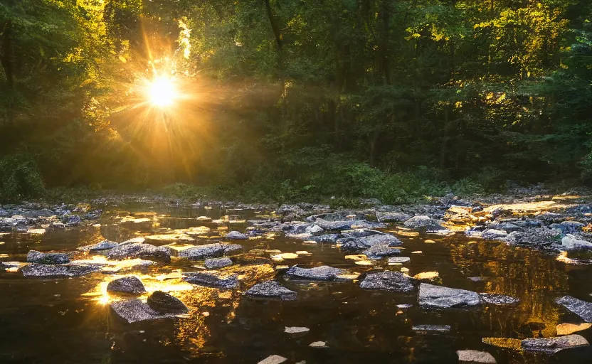 Prompt: a render of floating shining shards in a river in the forest as the sun rises, wide angle, 21:9,