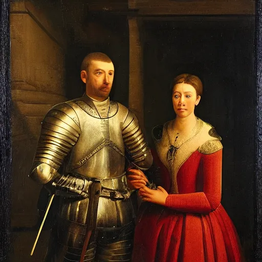 Image similar to Portrait of a knight with his wife, cold lighting,