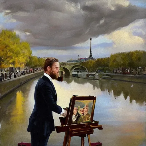 Image similar to mcgregor is dressed as a gentleman at early 2 0 th century paris. he is watching an easel. that easel has a canvas on it. ewan mcgregor has a brush on his hand. he is painting a painting. there is a brown cat with yellow eyes on ewan mcgregors feet. on background has river seine, morning sun, dark clouds, lightning, by jack kirby