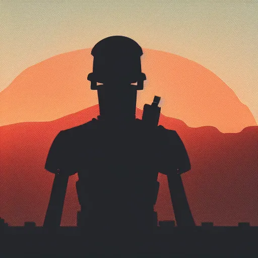 Image similar to in the style of max prentis and deathburger and laurie greasley a silhouette of a young explorer wearing a cyberpunk headpiece sitting on the head of a giant robot watching the sunset in the distance, highly detailed, 8k wallpaper