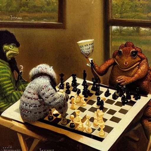 Prompt: toads drinking tea and playing chess. Painting of toads wearing sweaters by James Gurney.