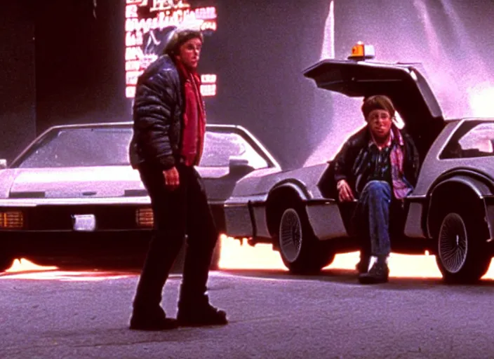 Prompt: screenshot from the iconic scene from the lost Back to the Future film directed by Martin Scorsese, cinematic lighting, unsettling set design with extreme detail, moody cinematography, with anamorphic lenses, crisp, detailed, 4k image, starring Marty Mcfly