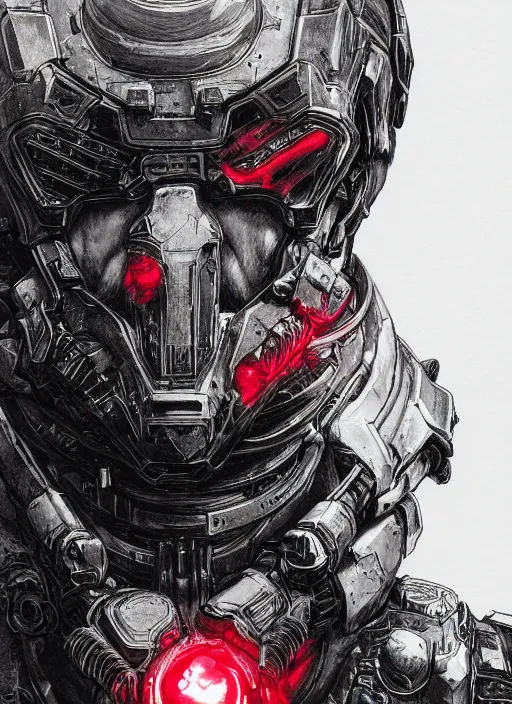 Image similar to close up portrait of the doom slayer, red backlight, powerful, domineering, stoic, masterful, intense, ultrafine hyperdetailed illustration by kim jung gi, irakli nadar, intricate linework, sharp focus, octopath traveler, yoji shinkawa, highly rendered, detailed, concept art