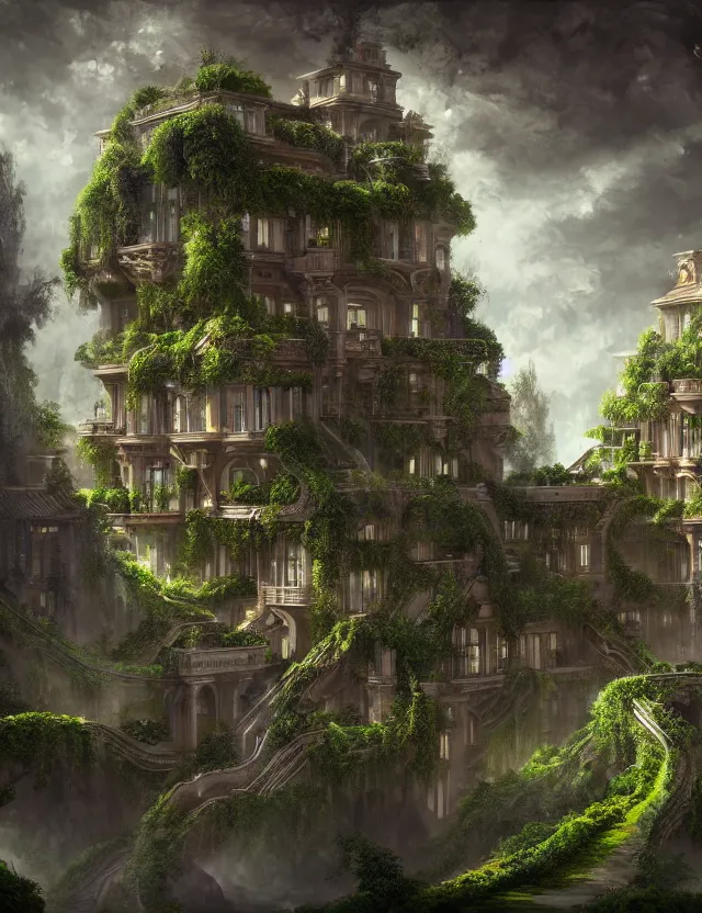 Image similar to a beautiful illustration of a fluid form future mansion with hanging gardens, trending on artstation, digital art, 4 k resolution, detailed, high quality, sharp focus, hq artwork, coherent, insane detail