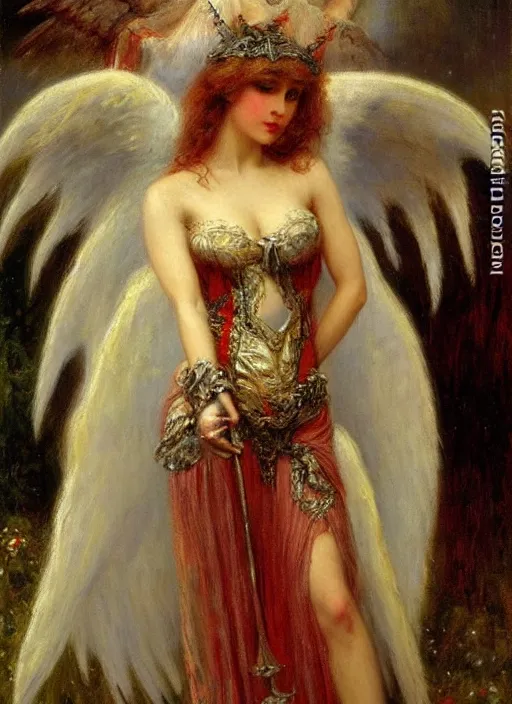 Image similar to vertical prtrait of an angel knight gothic girl, baroque dress. by gaston bussiere