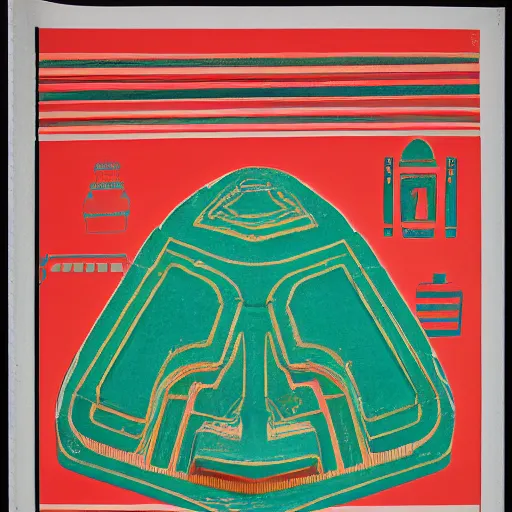 Image similar to A three color offset lithography of a ready-made artifact that looks like a found object from an exotic culture, ethnographic, installation view, wide angle, museum display, photography, exhibition catalogue, 60s style, full page