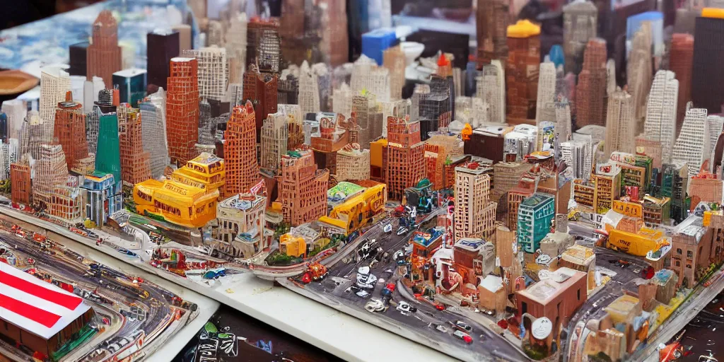 Prompt: a model of manhatten constructed out of fast food, diner food, pastries, miniature photography, diorama, wide - angle macro lens, art, award - winning, beautiful high resolution