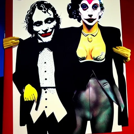 Prompt: richard hamilton and mimmo rottela and banksy as joaquin phoenix skinny joker holding hand lady gaga harley queen, ultra photorealistic, intricate details, pop art style, baroque, hyperdetailed, concept art, ultrarealistic, 3 colors, smooth, sharp focus