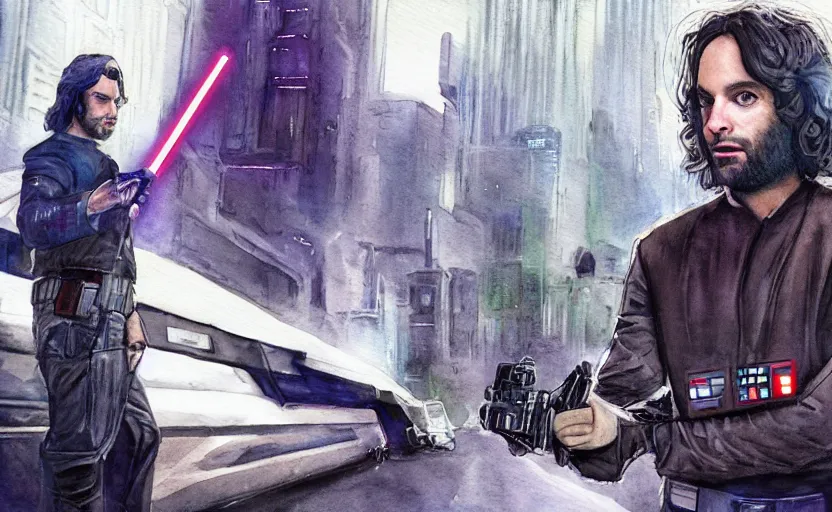 Image similar to a realistic star wars watercolor fantasy concept cart of chris d'elia as a drug dealer in a sleazy futuristic city of coruscant, hq, 4 k