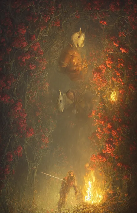 Prompt: portrait of a knight among flowers in dark forest, surrounded by fire and smoke, moody, rim light, dynamic lighting, cinematic shot, gritty, ultra - detail, renderman, physically based render, jean delville, gustave dore and marco mazzoni