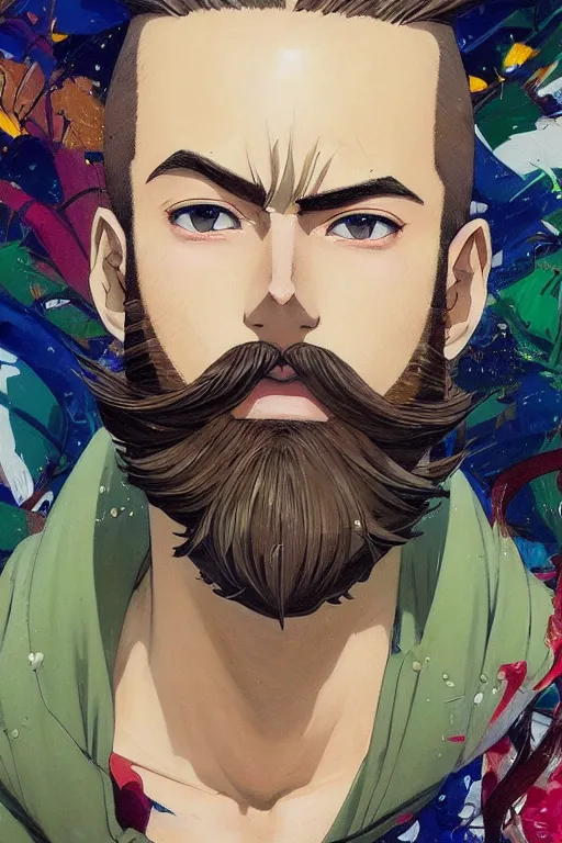 Prompt: beautiful anime of bold head with stubble beard and green eyes, by sherree valentine daines, peter mohrbacher, alice neel, donato giancola, mike winkelmann, laurie greasley. trending on artstation, 8 k, masterpiece, graffiti, fine detail, full of color, intricate detail, golden ratio illustration, face detail