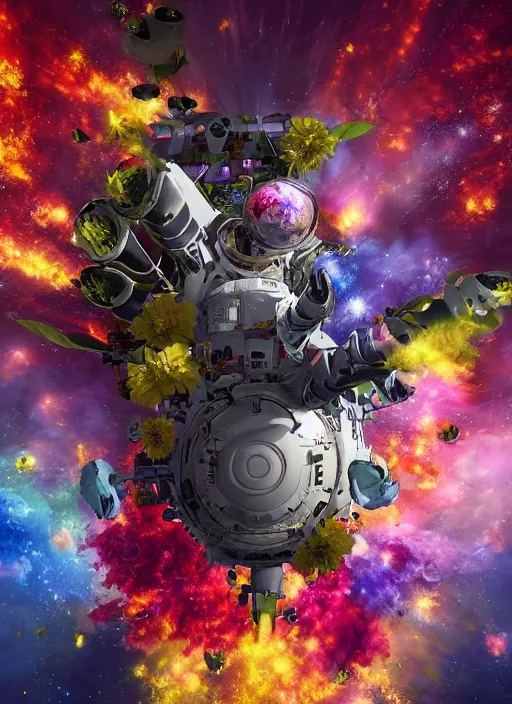 Image similar to An epic fantastic realism comic book style painting of the most beautiful flowers launched into space, bouquets, solar eclipse, fisheye, unreal 5, DAZ, hyperrealistic, octane render, dynamic lighting