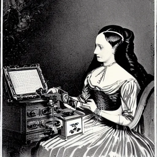 Prompt: cyborg Ada Lovelace programming the Analytical Engine, 1843 photo