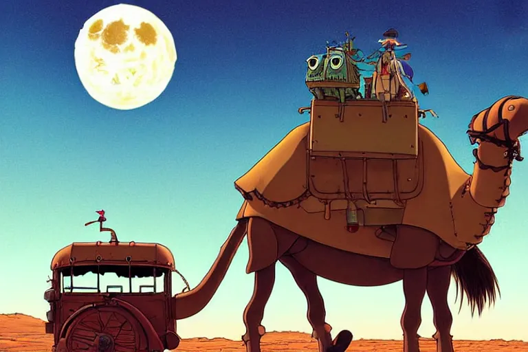 Image similar to a cell shaded cartoon of a lovecraftian mechanized camel from howl's moving castle ( 2 0 0 4 ), on a desert road, in front of a full moon, full body, wide shot, very muted colors, post grunge, studio ghibli, laurie greasley, highly detailed, deviantart, art by artgem