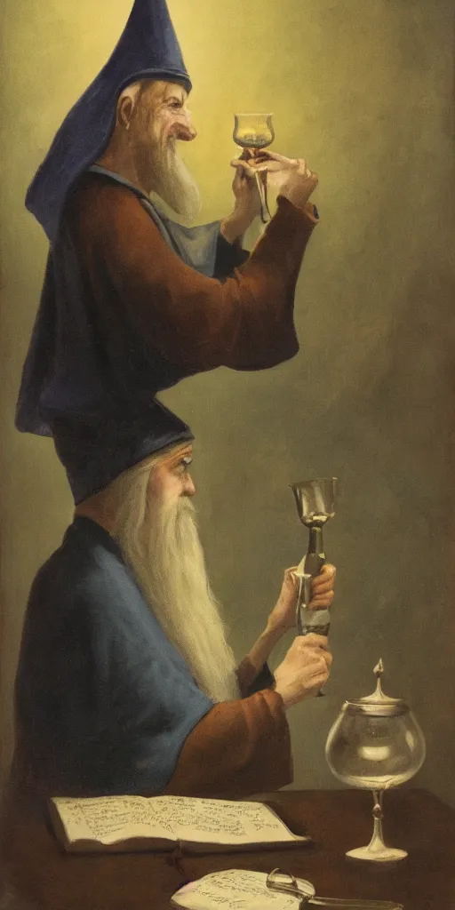 Image similar to a mystical man with a goblet on the table, wizard hat