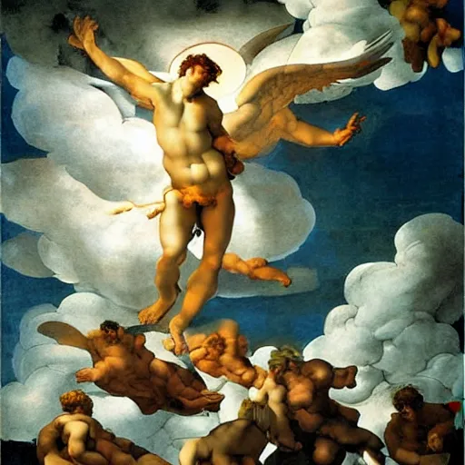 Image similar to Beautiful realistic painting of a cloudy sky with angels, electric storm, monotonous by Michelangelo