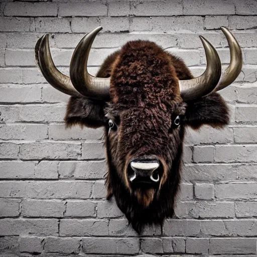 Image similar to hunting trophy in the form of a bison, head dressed in oculus vr, nailed to the wall,