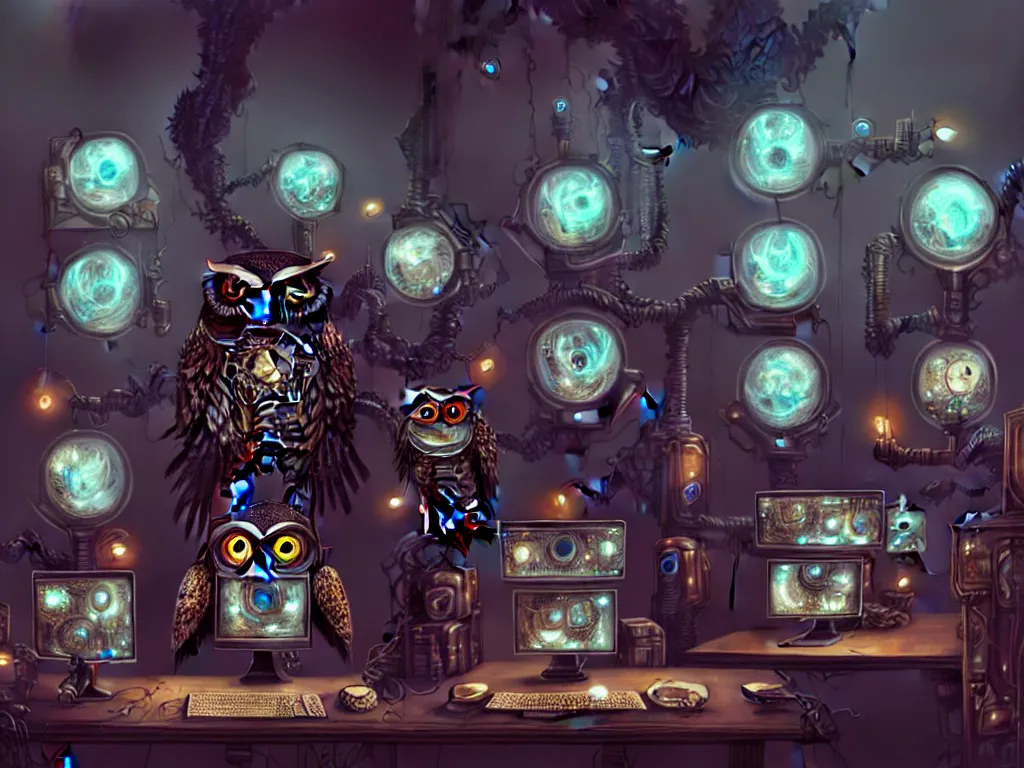 Image similar to an giant evil, malevolent, cyborg owls looking at a computer, surrounded by computer screens. steampunk, intricate, elegant, fantasy, highly detailed, digital painting, concept art, sharp focus, illustration, beautiful lighting, epic light, artstation, colorful, dramatic