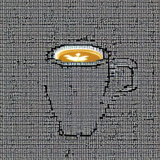 Image similar to A cup of coffee reflecting the surroundings in an alley, Pixel Art, Closeup