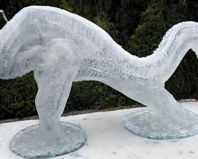 Prompt: ice sculpture inspired by a man made sculpture of a dinosaur. angels everywhere.