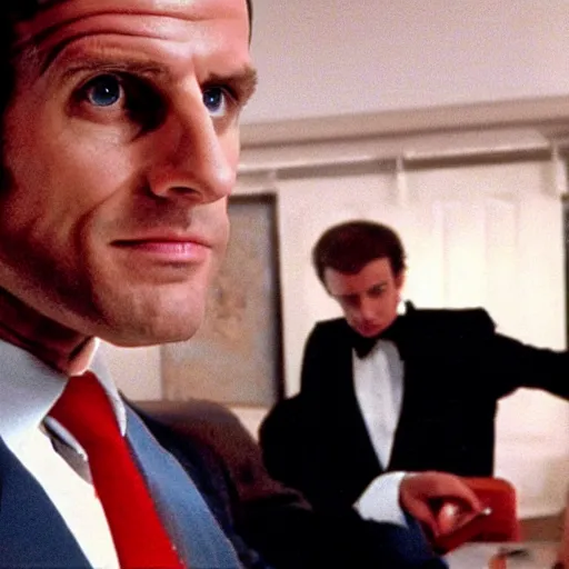 Image similar to Emmanuel Macron wearing a venitian mask in American Psycho (1999)