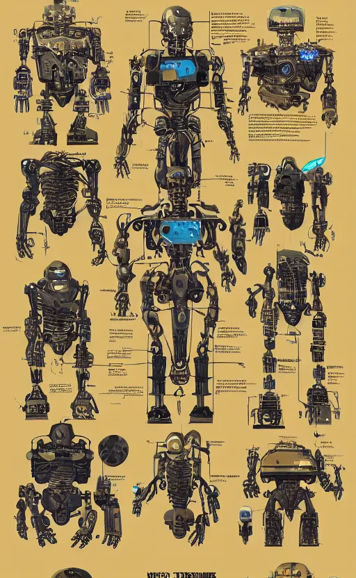 Image similar to anatomy of the terminator, robot, cyborg, t100, bloodborne diagrams, mystical, intricate ornamental tower floral flourishes, rule of thirds, technology meets fantasy, map, infographic, concept art, art station, style of wes anderson