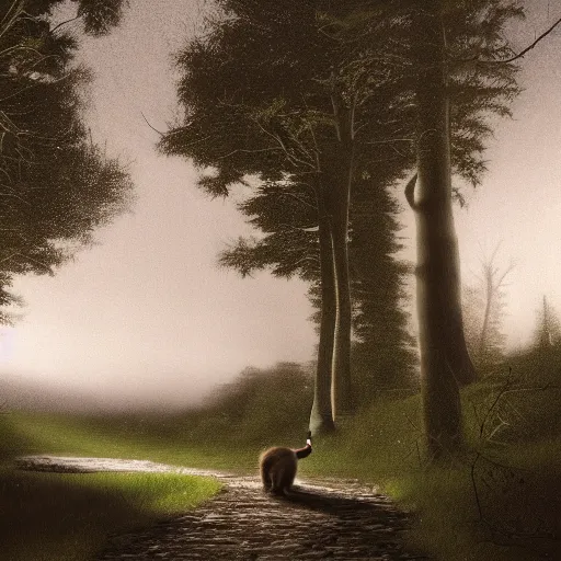 Image similar to matte painting of a tabby cat walking on a path in a dark moonlit Maine forest, serene, highly detailed, by caravaggio and alan lee, trending on artstation, 4k