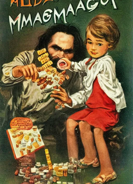 Image similar to vintage pharamaceutical magazine advertisement depicting charles manson feeding pills to children, by ernst haeckel