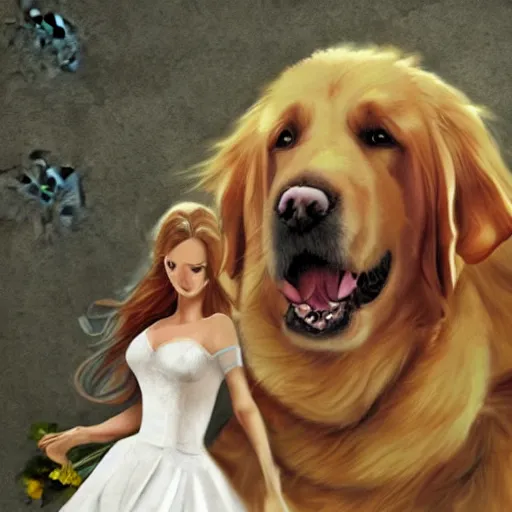 Prompt: woman in a wedding dress riding a giant golden retriever, trending on art station