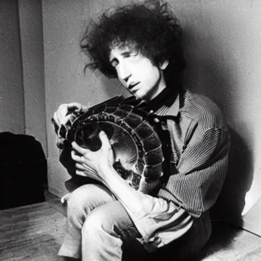 Image similar to bob dylan cradling a giant isopod like a baby, photograph, 1 9 6 5