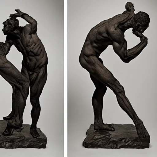 Image similar to a physical sculpture of struggle, two sides of a person by augustus rodin