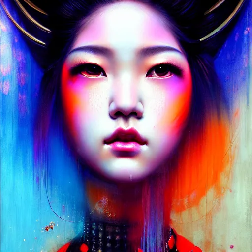 Image similar to blackpink, hyperrealistic portrait of a geisha wearing a colorful kimono, bladerunner street, by karol bak and agnes cecile, fantasy art, photo realistic, dynamic lighting, artstation, poster, volumetric lighting, very detailed face, intricate complexity, rule of thirds, 8 k, award winning