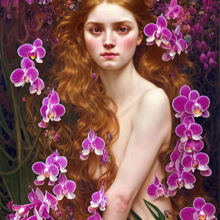 Prompt: psychedelic portrait of girl surrounded by orchids, diffuse lighting, fantasy, intricate, elegant, highly detailed, lifelike, photorealistic, digital painting, artstation, illustration, concept art, smooth, sharp focus, art by John Collier and Albert Aublet and Krenz Cushart and Artem Demura and Alphonse Mucha