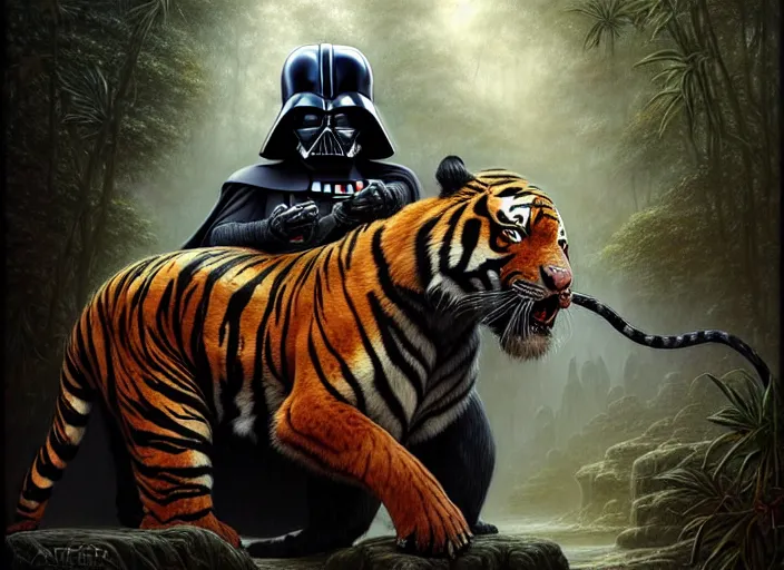 Image similar to romantic portrait shot of darth vader riding a tiger through the jungle intricate, elegant, highly detailed, centered, digital painting, artstation, concept art, smooth, sharp focus, illustration, artgerm, tomasz alen kopera, peter mohrbacher, donato giancola, joseph christian leyendecker, wlop, boris vallejo