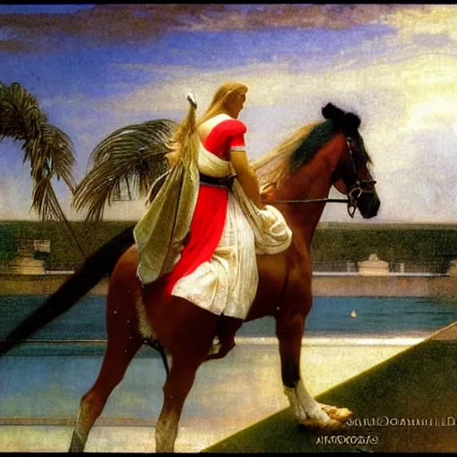 Image similar to Girl riding a horse leaving the palace through the bridge, thunderstorm, beach and palm trees on the background major arcana sky, by paul delaroche, alphonse mucha and arnold böcklin arnold böcklin hyperrealistic 8k, very detailed