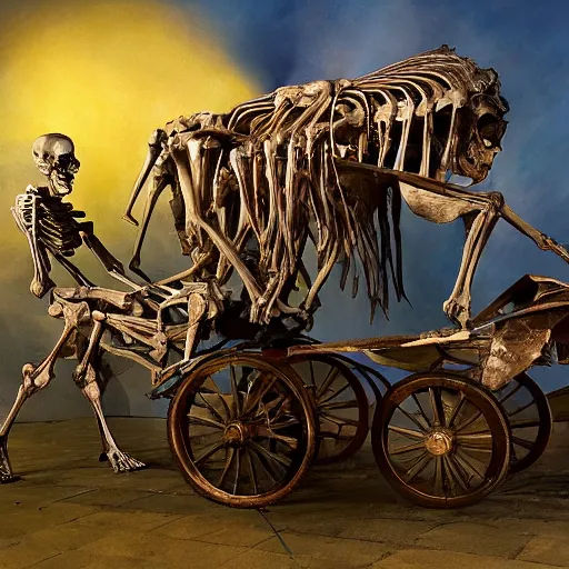 Image similar to The mixed mediart features a human figure driving a chariot. The figure is skeletal and frail, with a large head and eyes. The chariot is pulled by two animals, which are also skeletal and frail. slow shutter speed by Alex Ross rich