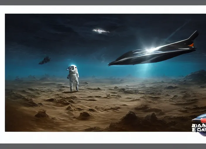 Image similar to astronaut holding a flag in an underwater desert. a submarine is visible in the distance. dark, concept art, cinematic, dramatic, atmospheric, 8 k, trending on artstation, blue, fish, low visibility, light rays, extremely coherent, bubbles, fog, ocean floor, christopher nolan, interstellar