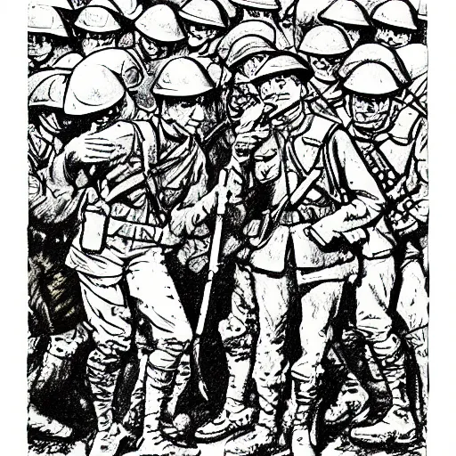 Prompt: first world war drawing, where is waldo style, high detailed print