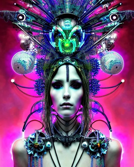 Image similar to detailed portrait of a beautiful goddess in a cyber headdress, neon cyberpunk make - up, art by android jones, ernst haeckel, nekro borja, alphonso mucha, h. r. giger, gothic - cyberpunk,