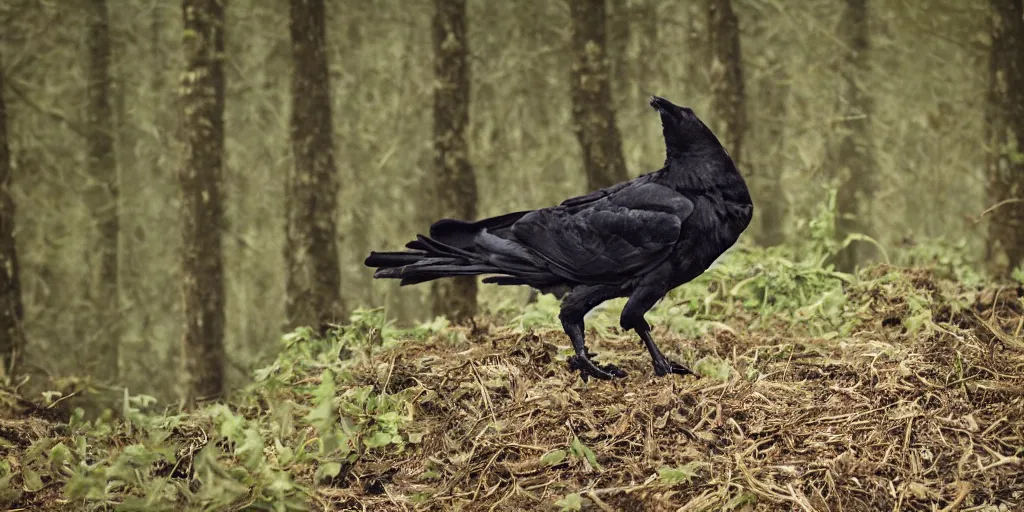 Prompt: mixture between an crow and! wolf,! single - subject, photograph captured in a dark forest