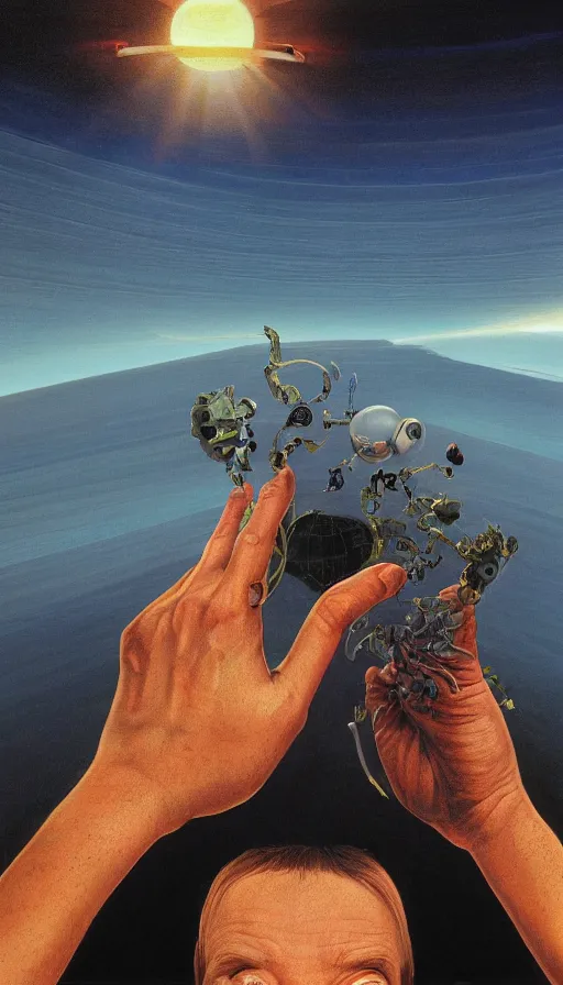 Prompt: a detailed portrait painting of a first-person view within a floating 3D VR hand interface (floating hologram levers and controls coating my fingers and extending my reach) (iOS hologram UI controls) by Jony Ive, Moebius, Roger Dean, intricate artwork by Caravaggio and James Turrell, 8K, sunrise atmospheric phenomena