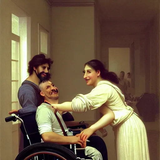 Image similar to a male patient in a wheelchair in the hospital with his wife and son standing by. happy, cheerful, smiling, intricate, face enhance, sharp focus, cinematic lighting, featured in artistation, 8 k, art by greg rutkowski, william adolphe bouguereau